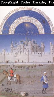 LIMBOURG brothers The medieval Louvre is in the background of the October calendar page (mk05)